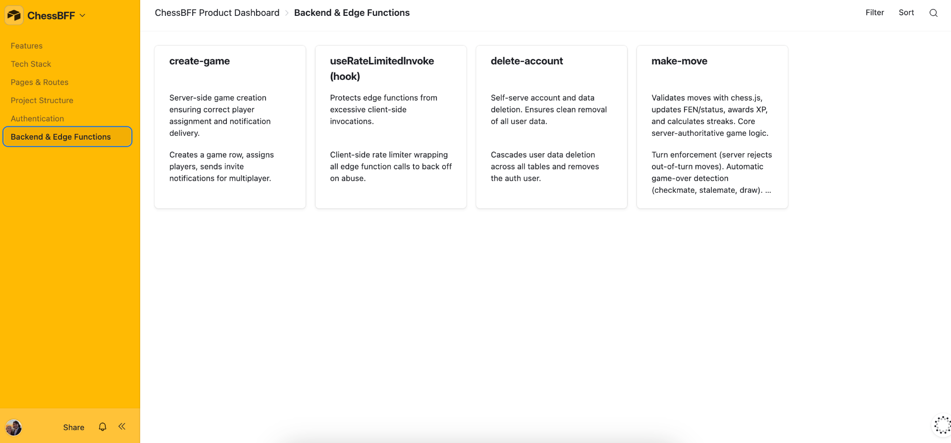 ChessBFF Product Dashboard — Backend & Edge Functions